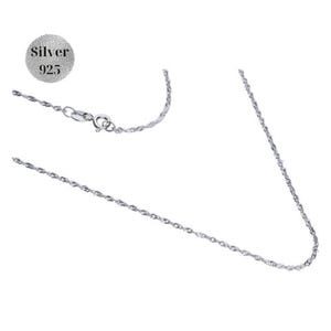 May include: A silver 925 chain necklace with a delicate rope design. The chain is shown laid out flat on a white background.