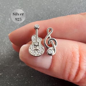 Mismatched Guitar Music Note Stud Earrings Sterling Silver 925, Matching Treble Clef Guitar Earrings, Music Lover Gift, Musician Jewellery
