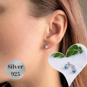 Blue or White Opal Silver 925 Statement earrings, Opal pave cz crystal studs, Jewelry gift for her, sister, Mom, Minimalist cartilage studs