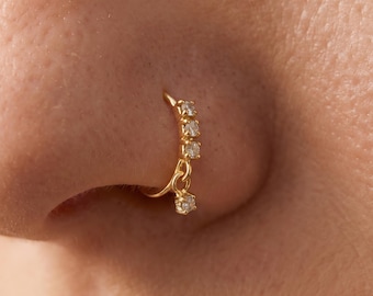 22G Dainty Dangle Nose Ring, Crystal CZ Nose Hoop, Dangling Diamond Drop Nose Piercing, Nostril Jewelry, Gift for Her, Rook, Helix earrings