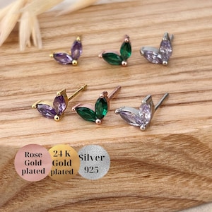 Delicate Two Leaves Oval Zirconia Earrings, Gold Studs green purple duo gemstone Leaf ear silver double CZ colour studs Unique birthday gift