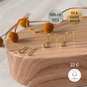 18K Gold-Plated Silver 925 Nose Piercing, Bone Screw Shape, 1.5mm 2mm Ball, Hypoallergenic Nose Stud, Gold Nose Jewelry, Pin Shape Bone Stud