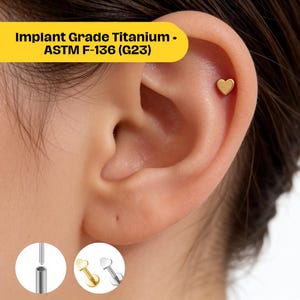 Tiny Heart Titanium 16G Push Pin Labret Threadless Flat Back Earring, ASTM F-136 Implant Grade, Cartilage, Daith, Rook, Monroe, Nose Jewelry