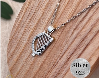 Celtic Silver Harp Charm Necklaces. Celtic Irish Jewellery. Music Teacher Gift. Scottish Jewelry. Scots Harp Pendant. Ireland Chain Necklace