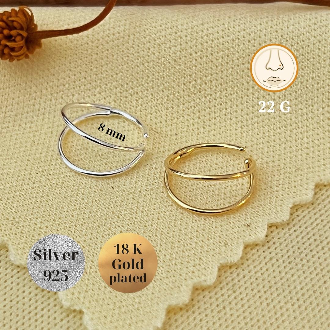 22G 8mm Silver 925 Double Nose Ring, Gold Cartilage Nostril Hoop ...