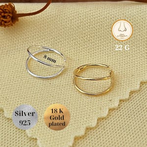 22G 8mm Silver 925 Double Nose Ring, Gold Cartilage Nostril Hoop, Dainty Nose Piercing Jewelry, Duo Nose Ring Single Pierced, Open Nose Ring