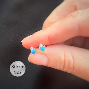 Blue Opal Silver 925 Earrings, Opal Studs, Crystal cz duo earrings, Gift for her, Gift for Mom, Sister Gift, cartilage, helix stud earrings
