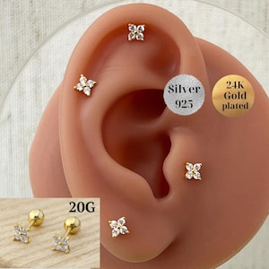 Vier CZ Barbell Ohrstecker Kristalle Ohrringe, Zierliche Gold Stacking Knorpel, Helix, Tragus Schraube, zweites Piercing, Diamantkugel zurück Bolzen
