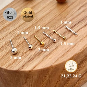 Sterling Silver Ball Bone Studs, Gold-plated Ball nose stud plug piercing, Silver Ball Nose Bones, Tiny Nose Stud 1 1.5 mm 2mm 3mm Pin Shape