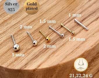 Sterling Silver Ball Bone Studs, Gold-plated Ball nose stud plug piercing, Silver Ball Nose Bones, Tiny Nose Stud 1 1.5 mm 2mm 3mm Pin Shape