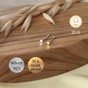 May include: Two nose rings with a star design. One is silver and the other is 18k gold plated. The rings are on a wooden surface. 22G.