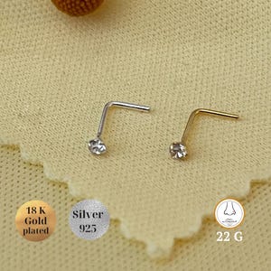 Teeny Tiny Sterling Silver Nose L shape, 2mm Crystal L-Shaped 22G, Mini micro Nose Piercing Body Gold Jewelry, Cartilage, Nostril Gold Stud