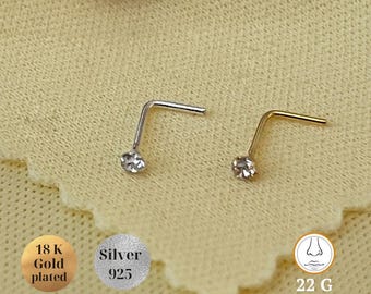 Teeny Tiny Sterling Silber Nase L Form, 2 mm Kristall L-Förmige 22G, Mini micro Nase Piercing Körper Gold Schmuck, Knorpel, Nasenloch Gold Stud