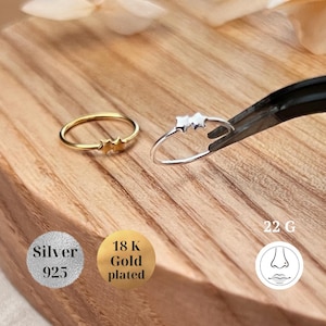 Sterlingzilveren ster neusring 8 mm, 0,6 mm, 22G gouden neusring, minimalistische ster neus lichaam sieraden cadeau, kraakbeen, sierlijke neus, lippiercing