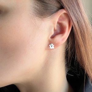 Cute Sterling Silver Ghost Stud Earrings, Spooky Cute Jewelry for Halloween, Kids Ghost Earrings, Enamel Silver Studs, Trick or Treat Gift