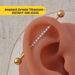 Titanium Industrial Barbell 14G, G23 Implant Grade CZ Scaffold Piercing, 38mm Ear Bar Cartilage Jewelry, F136 Titanium transversal earring