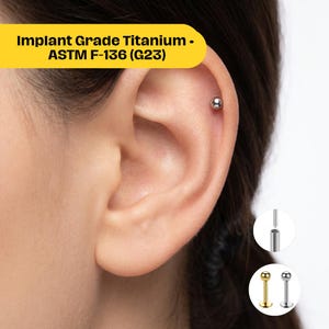 Orecchino a sfera senza filettatura in titanio 16G, orecchino con parte posteriore piatta da 3 mm, grado di impianto ASTM F-136, orecchino a conchiglia per cartilagine, elica trago, labret con minuscolo perno di spinta
