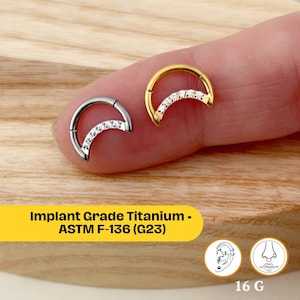G23 Titanium Moon Nose Septum Hoop Clicker, 16G Titanium Hinged Segment Ring, Implant Grade CZ Nose Hoop, Implanted F136 Septum Jewelry Boho