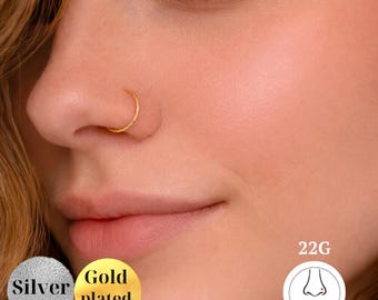 925 Sterling Silver 22G Twist Nose Ring| Diamond Cut Gold-Plated Twisted Nose Hoop| 8mm 10mm Thin Helix Cartilage Piercing| Single, Set of 2