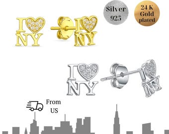 I Love New York Silver 925 Earrings, I love NY Studs, Gold Heart Crystal Paved Heart CZ earrings, City New Yorker gift, Dainty Studs, NYC