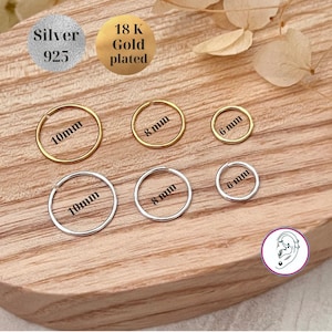 Argola fina de hélice, anel de cartilagem pequeno de prata 925 e ouro, argola sem costura de 6 mm, 8 mm e 10 mm, tragus, torre, brinco daith, joia de piercing minimalista