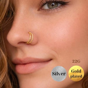 22G Twisted Double Nose Ring, 925 Silver Single 8mm Duo Nose Piercing, Helix Cartilage Conch Continuous Hoop, Gold Nostril Dainty Jewelry