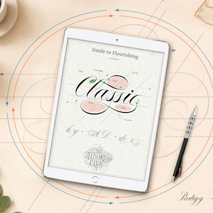 May include: A white tablet shows a guide to flourishing with the word "Classic" in elegant calligraphy. A black and silver pen is placed nearby. The image includes a cup of coffee, a small plant, and a bowl of strawberries, all on a light beige surface.