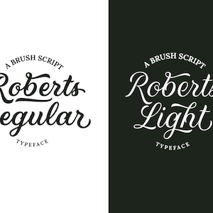 May include: A brush script typeface called Roberts Regular and Roberts Light. The font is shown in a circular logo with the words "A Brush Script Typeface" above the font name.