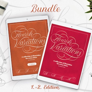 May include: Two tablets with the text "Flourish Variations" in a decorative script. One tablet has an orange background, the other a red background. The text "A collection of flourishes for every letter" is also visible. The word "Bundle" is at the top.