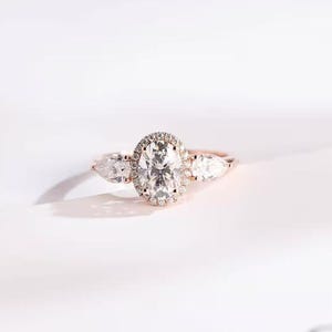 Oval Moissanite Engagement Ring: 14K Gold Halo Three Stone Ring