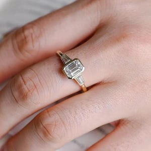 Solid Gold Emerald Cut Moissanite Engagement Ring: Three Stone Promise Ring