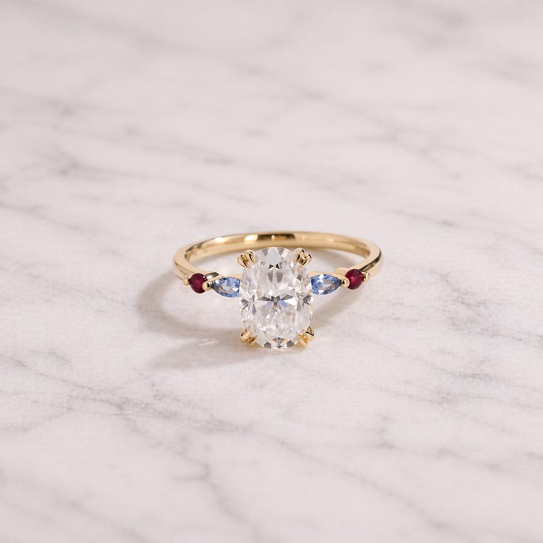 2 CT Oval Cut Moissanite Engagement Ring Solid Gold Ruby & Aquamarine ...