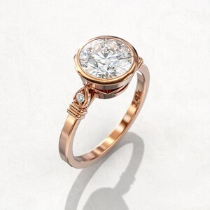 Bezel set Round cut moissanite engagement ring 14K solid gold vintage design ring anniversary gift for her