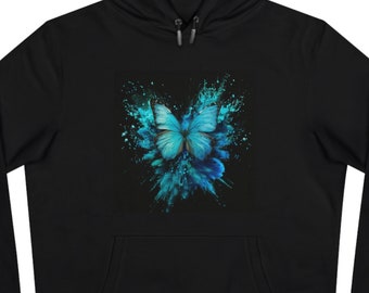 King Hooded Sweatshirt. Black hoodie with turquoise Butterfly. For women. Colorful