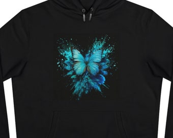 King Hooded Sweatshirt. Black hoodie with turquoise butterfly. For women. Colorful