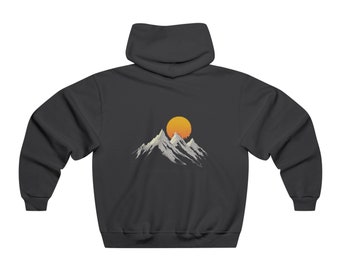 Men's NUBLEND® Hooded Sweatshirt. Hoodie with mountain peaks and sunset. Cool logo for men.