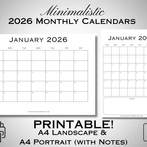 Calendario minimalista imprimible/planificador mensual 2026 (PDF)