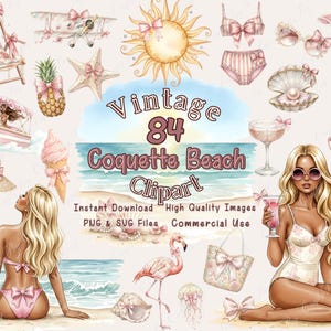 Vintage Coquette Beach Clipart Bundle, 80+ PNG SVG Transparent Files, Retro Summer Aesthetic Graphics, Seashell Bow Starfish Ocean Art Set