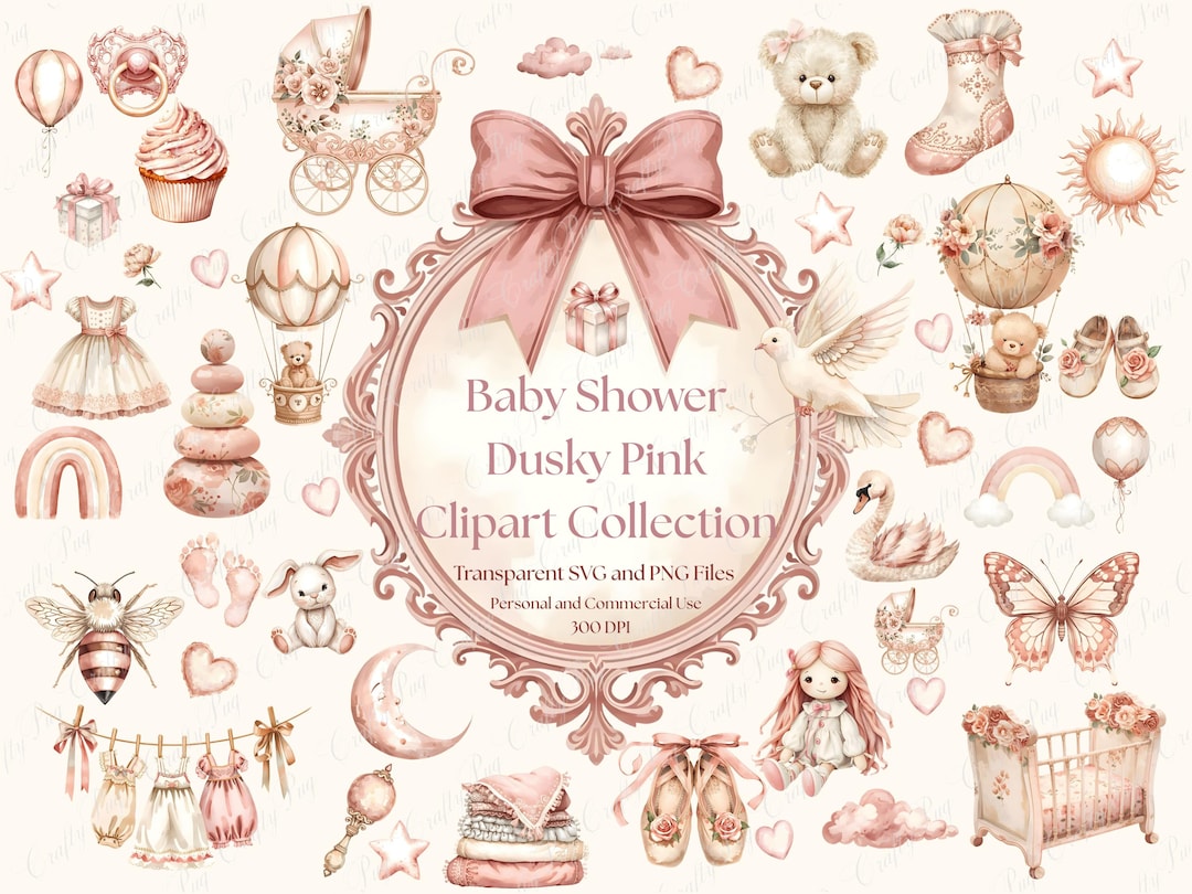 Dusky Pink Baby Shower Clipart, Watercolor Baby Clipart Png Svg, Floral ...