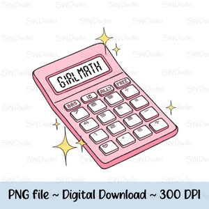 Puede incluir: Una calculadora rosa con una pantalla digital que dice "GIRL MATH". La calculadora tiene un botón en forma de corazón y destellos alrededor.