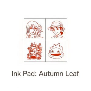 May include: Square ink pad with four red illustrations of characters from a Japanese animated film. The text "Ink Pad: Autumn Leaf" is printed below the illustrations. The illustrations include a person with long hair, a person wearing a hat, a mechanical structure, and a round creature.