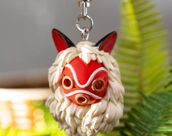 Princess Mononoke San Mask Keychain with Hidden Kodama, Studio Ghibli PVC Charm
