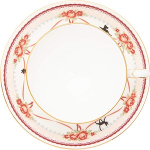 May include: A white ceramic ashtray with a floral rose design in red and peach, accented with gold trim. The rim features a scalloped edge and a decorative ribbon pattern. Two black cat silhouettes are also featured.