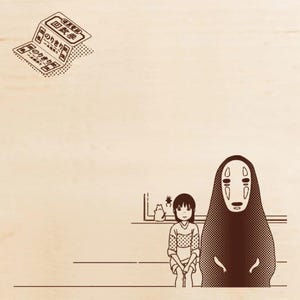 May include: A light wood-toned surface featuring a dark brown graphic print. The design includes a train ticket in the upper left corner and a scene in the lower right showing a young person sitting next to a tall, hooded figure with a mask.