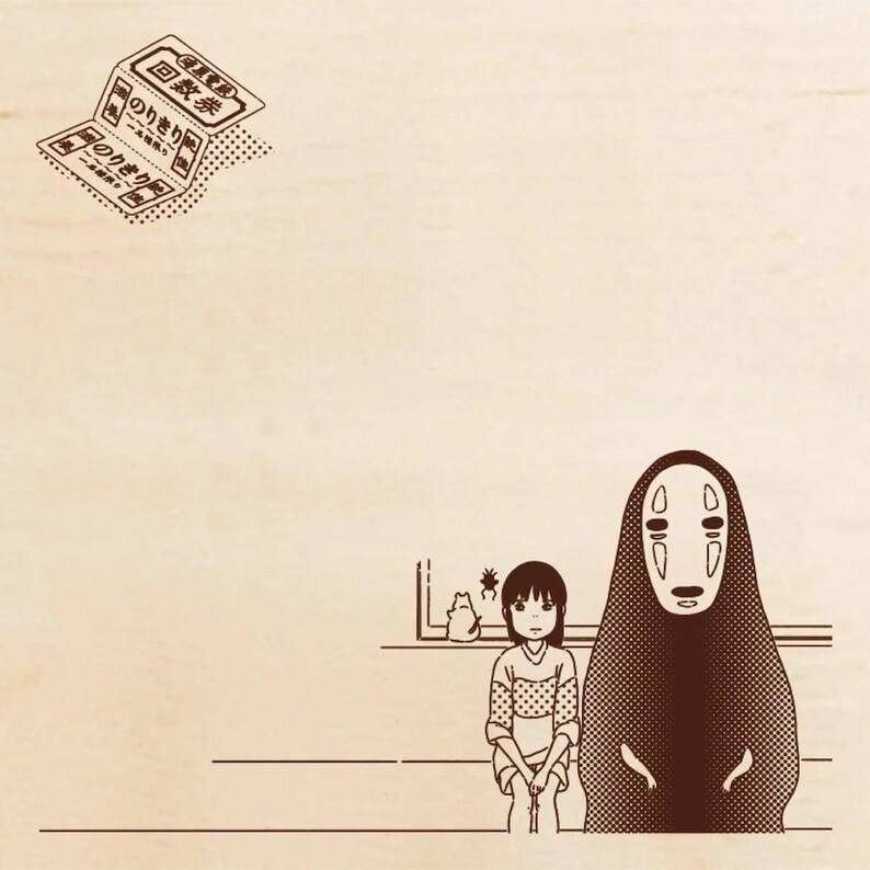May include: A light wood-toned surface featuring a dark brown graphic print. The design includes a train ticket in the upper left corner and a scene in the lower right showing a young person sitting next to a tall, hooded figure with a mask.