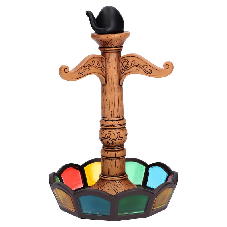 May include: A decorative, multi-colored stained glass candle holder with a brown wooden base and a black top. The candle holder features a unique design with a series of colorful glass panels and a detailed wooden structure, perfect for adding a touch of elegance.
