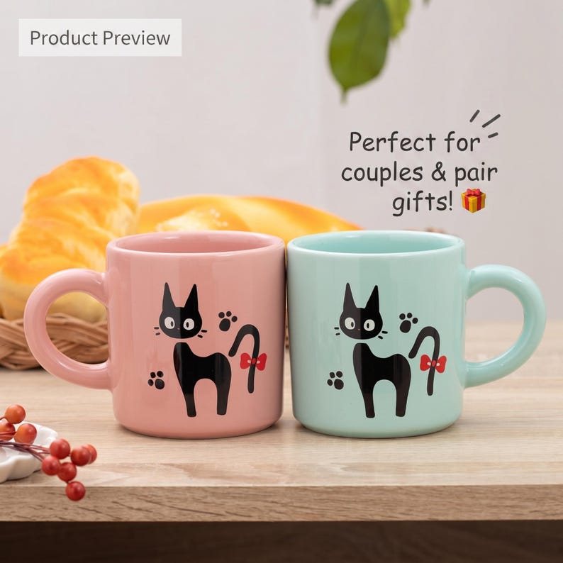 May include: Two ceramic mugs, one pastel pink and one light blue, each featuring a black cat illustration with a red bow on its tail and small paw prints. The mugs have rounded handles and a smooth finish, displayed side by side on a surface.