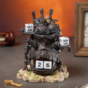 May include: A detailed, dark brown, steampunk-style perpetual calendar. The calendar features dice for the month, day, and day of the week. The date displayed is 26. The base is a light tan color, and a gold key is in the foreground.