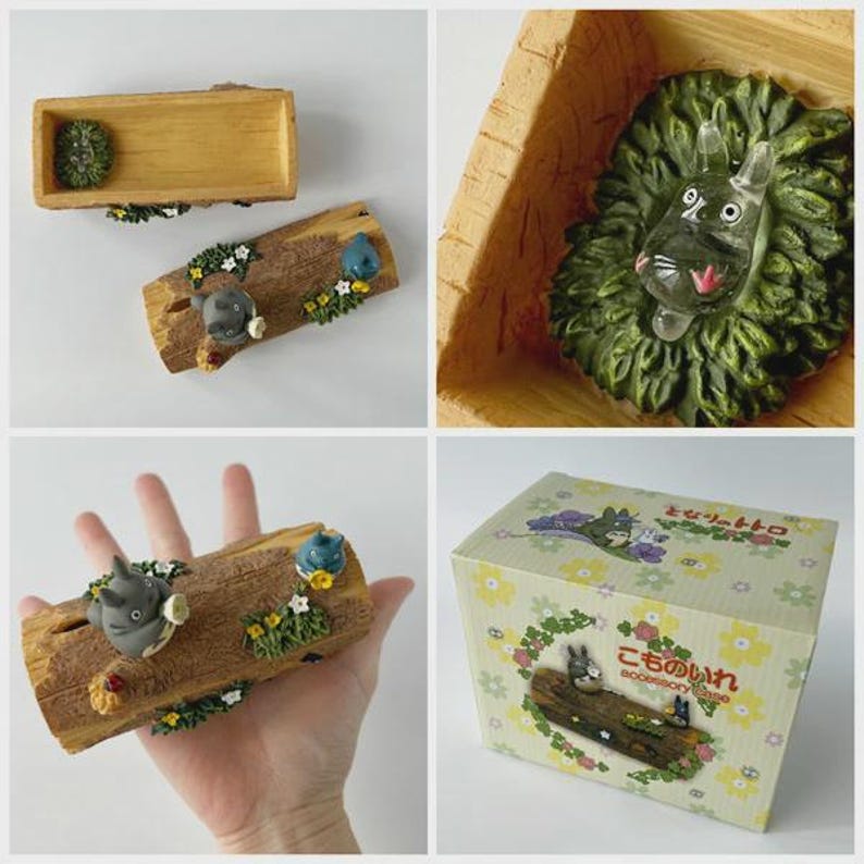 May include: A wooden accessory box and decorative log pieces featuring cartoon characters and floral accents. The box is rectangular with a light brown finish. The logs have small figurines and flowers.