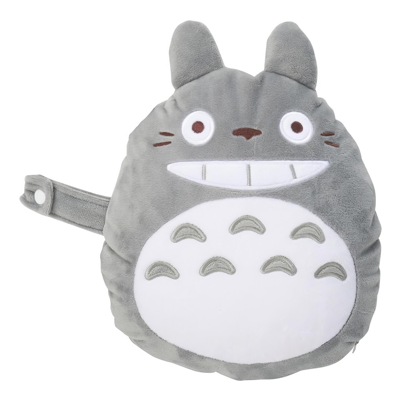 May include: A gray plush Totoro character with a white belly, large eyes, and a wide smile. The plush has small ears and a strap with a button. The design is based on the animated film My Neighbor Totoro.